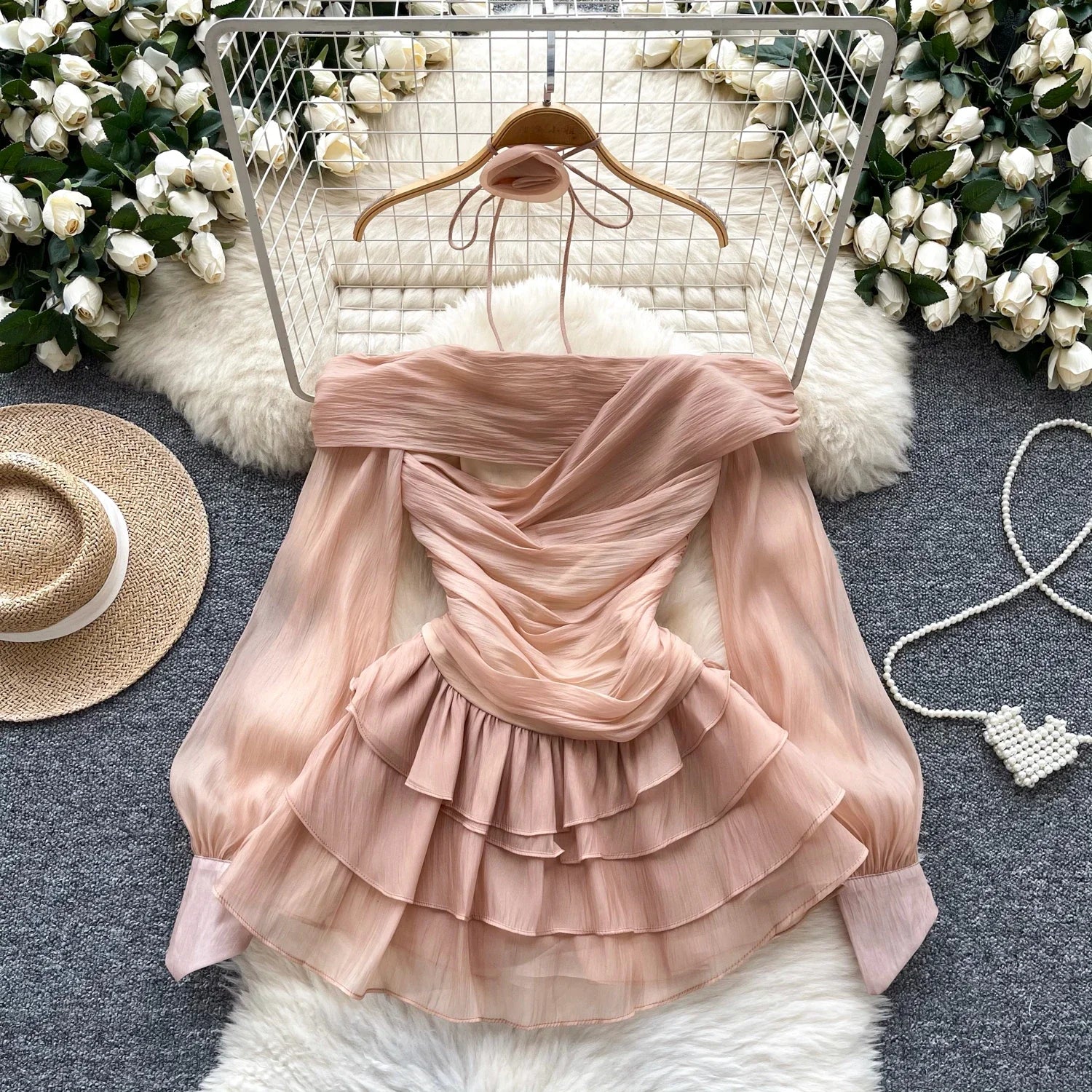 Elegant Off-Shoulder Vintage Floral Ruffle Evening Dress