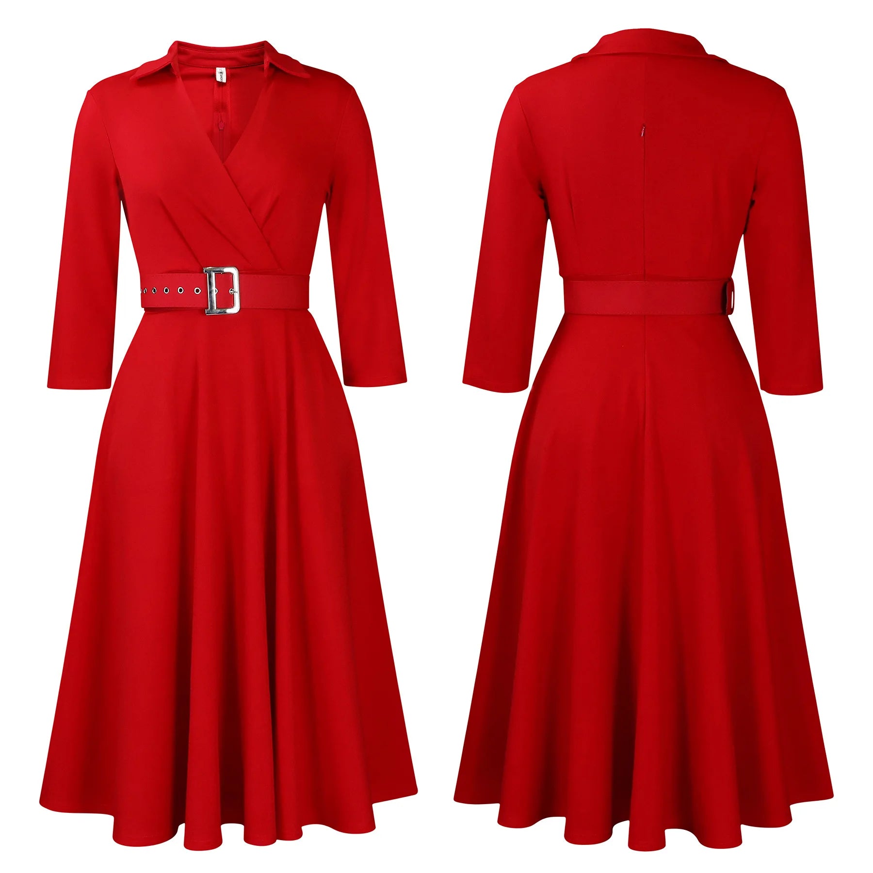 Chic Women's Autumn Lapel Solid Color Swing Dress - Image 85