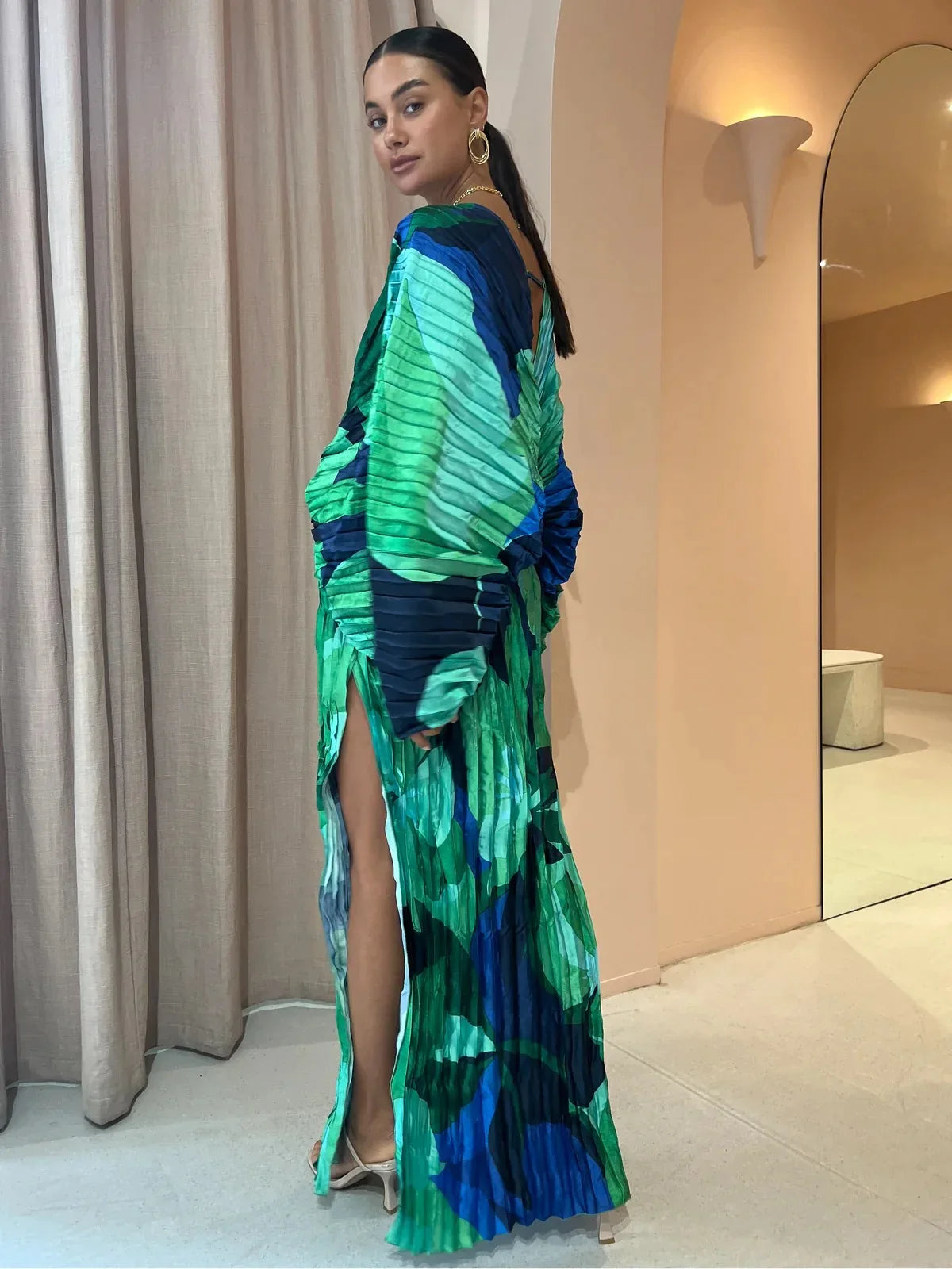 V-Neck High Slit Color Printed Dress for Women - Image 13
