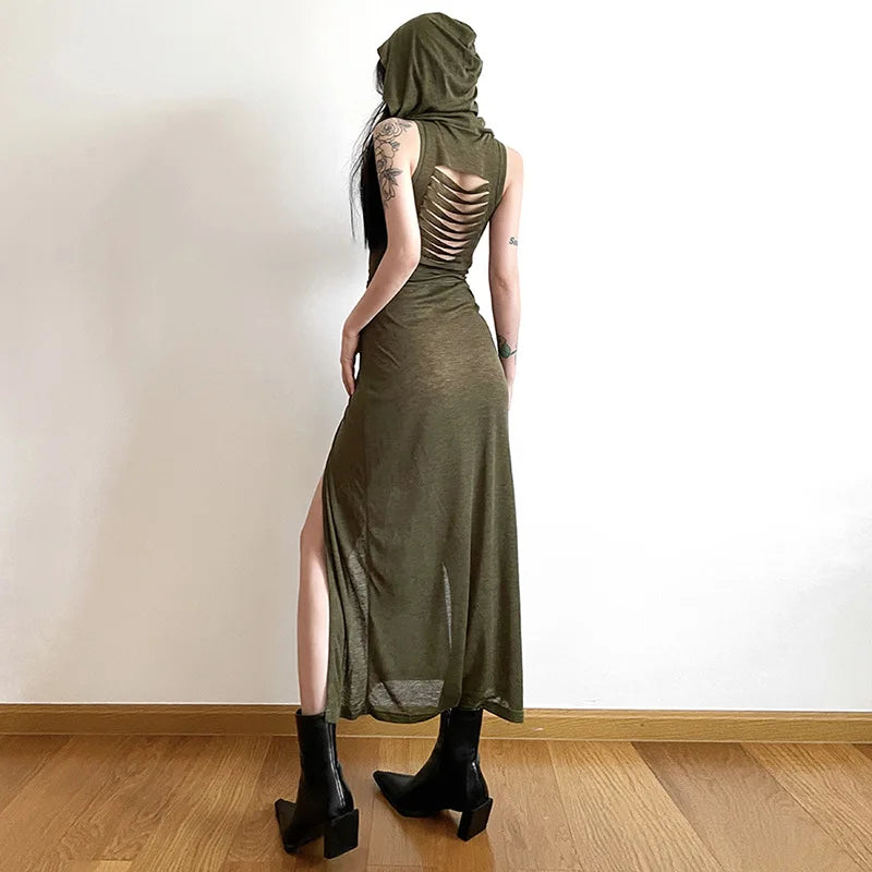 Dark Cyber Gothic Hooded Midi Dress with Split Sides - Image 28