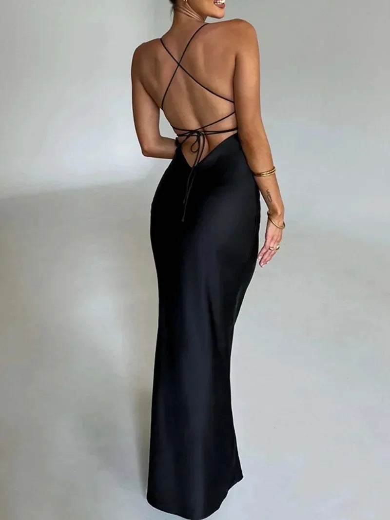 Elegant Backless Satin Spaghetti Strap Evening Dress - Pink - Image 6