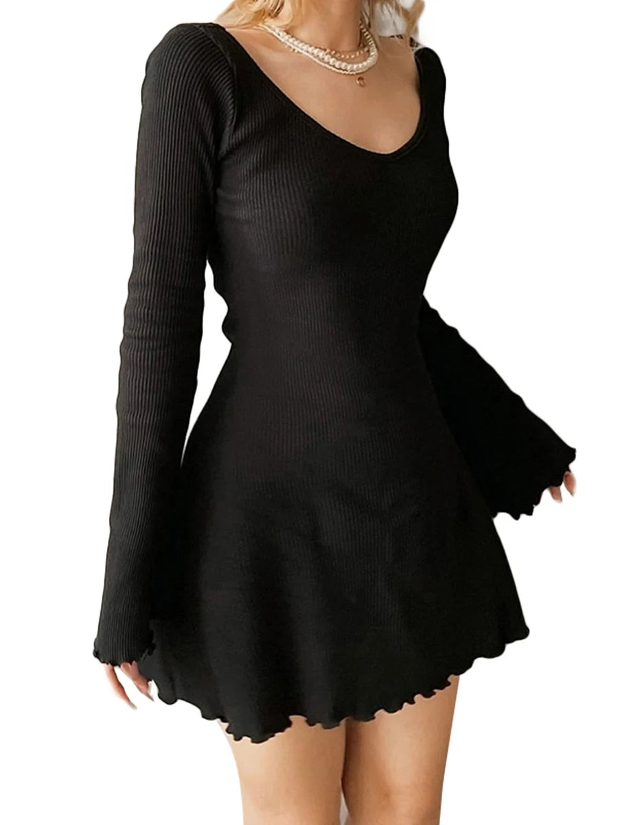 Women's Solid Ribbed Long Sleeve V-Neck Mini Dress