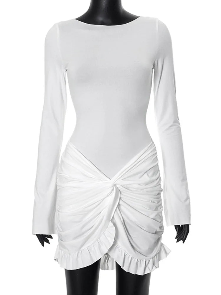Elegant Bodycon Dress with Flounced Edge and Long Sleeves - Image 7