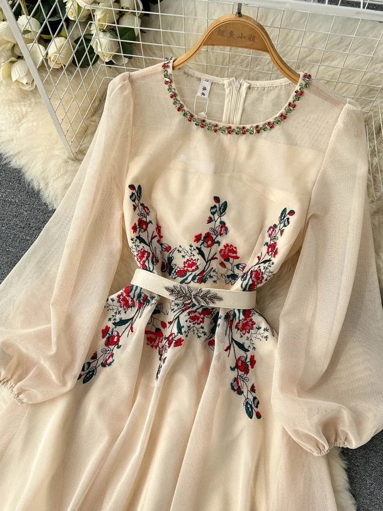 Elegant Beaded Mesh Long Dress with Puff Sleeves - Image 4