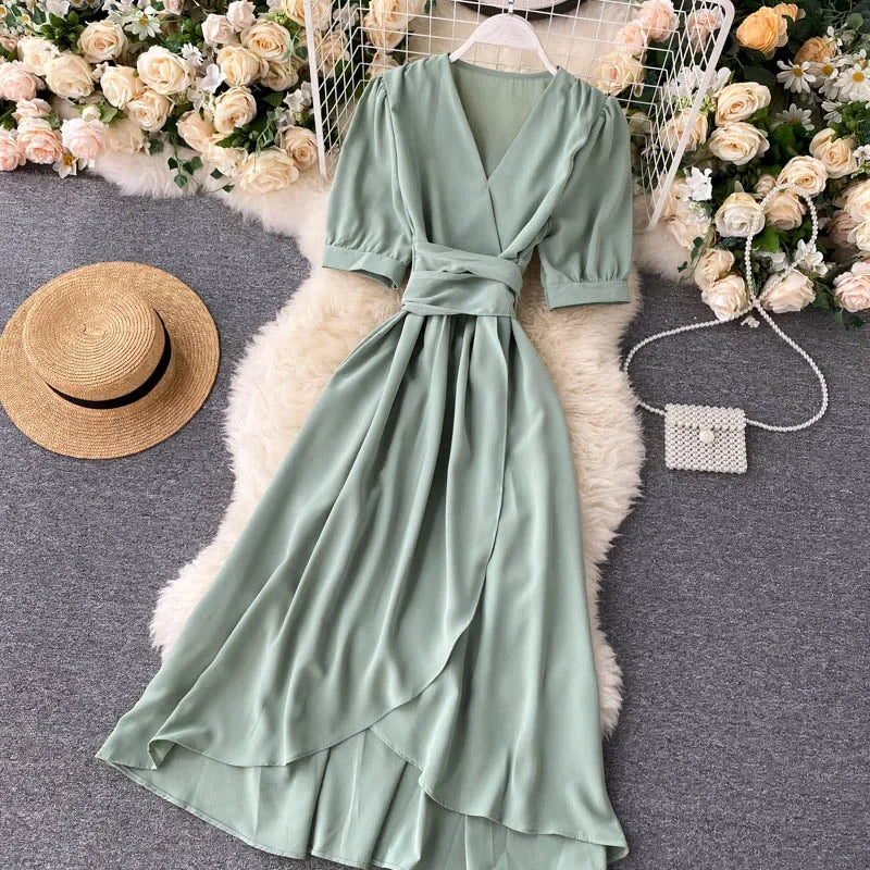 V-neck Solid Color Bubble Dress with Ruffle Edges - Image 15