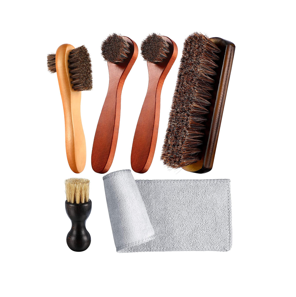 ZJoey 4 Pcs Horsehair Shine Shoes Brush Kit Polish Dauber Applicators Cleaning Leather Shoes Boots Care Brushes Suede Cleaner Brush with Microfiber