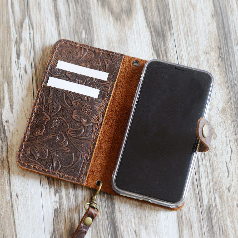 Women's Tooled Leather iPhone wallet case handmade brown 408