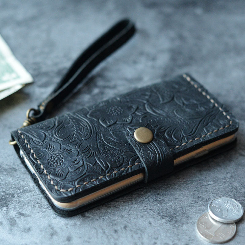 Tooled Leather iPhone Wallet Case - Brown - 408H - Extra Studio