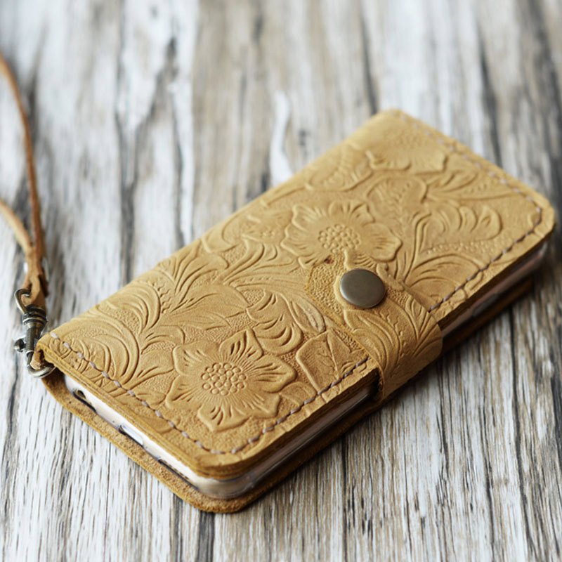 Tooled Leather iPhone Wallet Case - Brown - 408H - Extra Studio