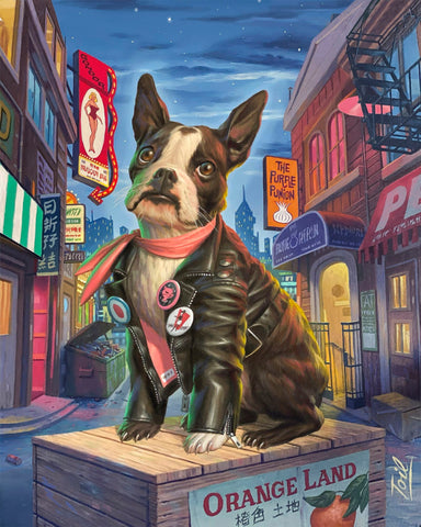 A painting of a French Bulldog wearing a leather jacket on a colorful urban street