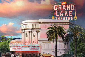 A digital drawing of the historic Grand Lake Theater with a large rooftop sign and sunset blazing with vintage cars parked in front.