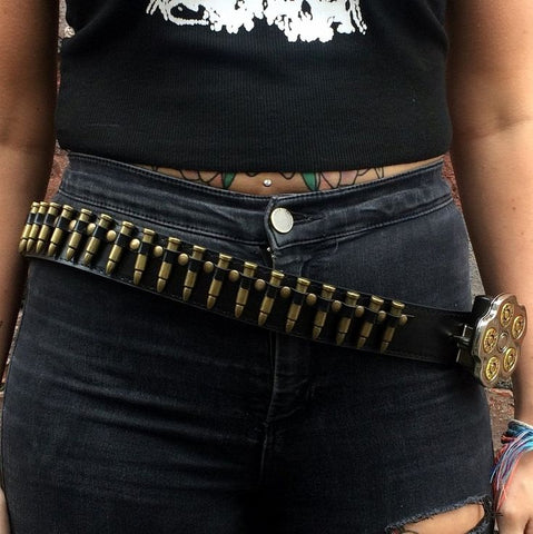 Woman wearing a bullet belt