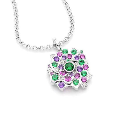 Collier Fiori en or blanc avec grenats tsavorites, diamants, et saphirs violets et roses