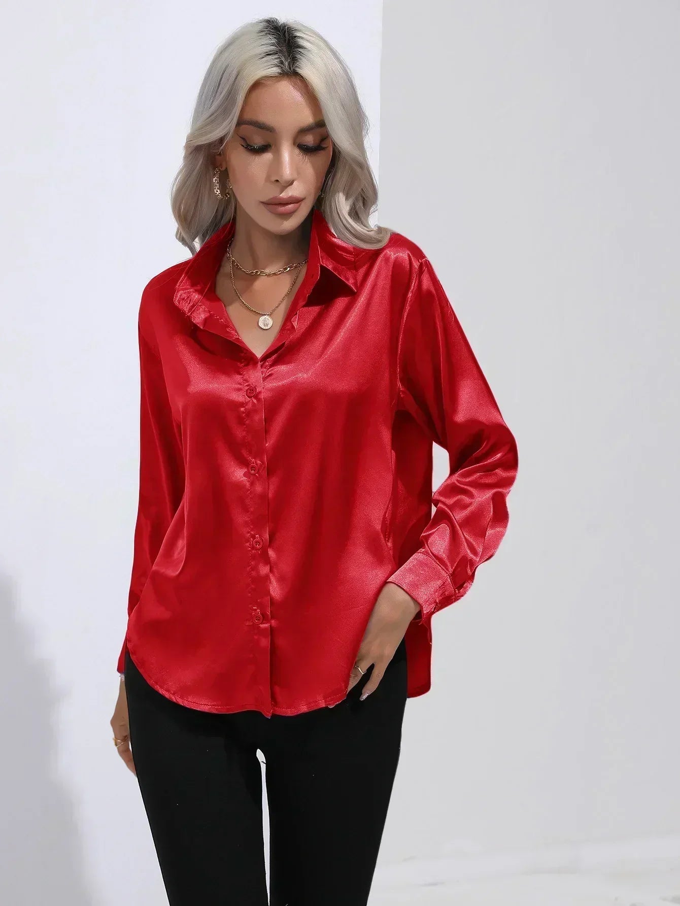 Spring Satin Shirt Women Loose Button Up Blouse Shirt Ladies Imitation Silk Long Sleeve Shirt For Women - ACHETE LTD