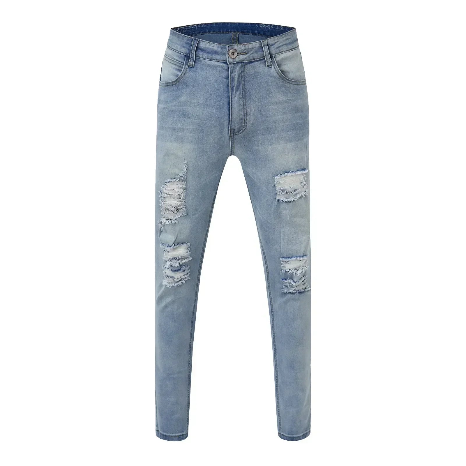 Men'S Casual Hip Hop Sports High Stretch Tight Wash Polished White Ripped Fit Zipper Jean Pants Business Stretch Men'S Jeans - ACHETE LTD