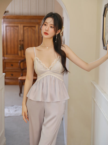 Elegant Solid Lace Trim Lounge Set
