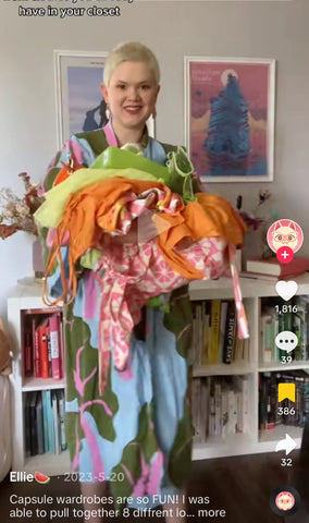 screengrab of Ellie on TikTok showing us how to use bold, colorful pieces to build capsule wardrobe staples