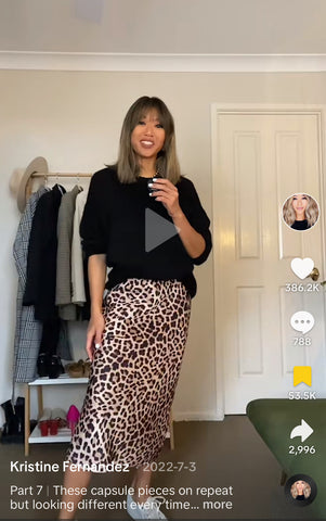 screengrab of Kristine Fernandez on TikTok talking about how to turn a bold leopard print dress into 4 distinct outfits