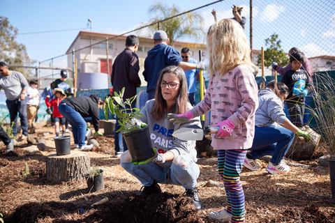 Wild Yards Project photo at Toland Elementary. A woman is holding a plant, showing a small young girl how to plant it into the ground. Image curtesy of David Newsom