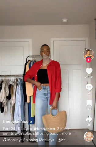 screengrab of Thenickienicole on TikTok discussing how to add colorful basics to a capsule wardrobe