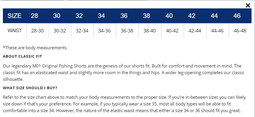 Aftco Shorts Size Chart