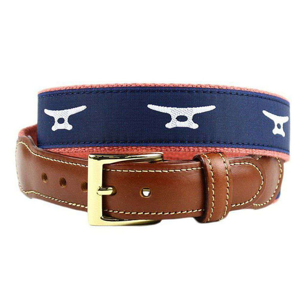Country Club Prep Boat Cleat Leather Tab Belt in Navy on Soft Red Canvas