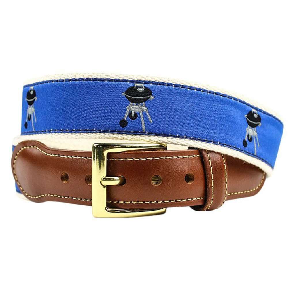 Country Club Prep Grillin' Leather Tab Belt in Blue on Natural Canvas