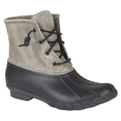 black and gray duck boots
