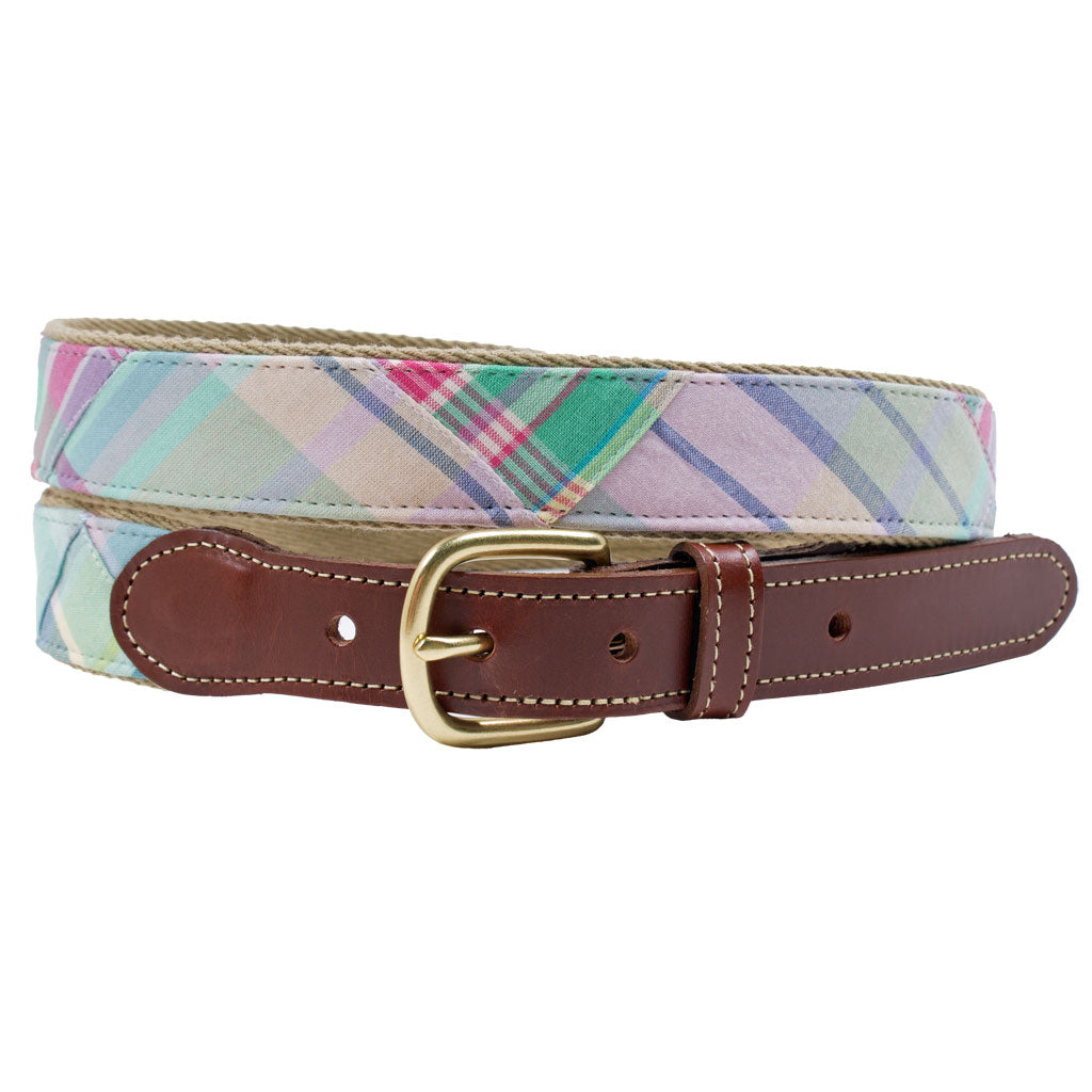 Looking Glass Patch Madras Leather Tab Belt by Country Club Prep