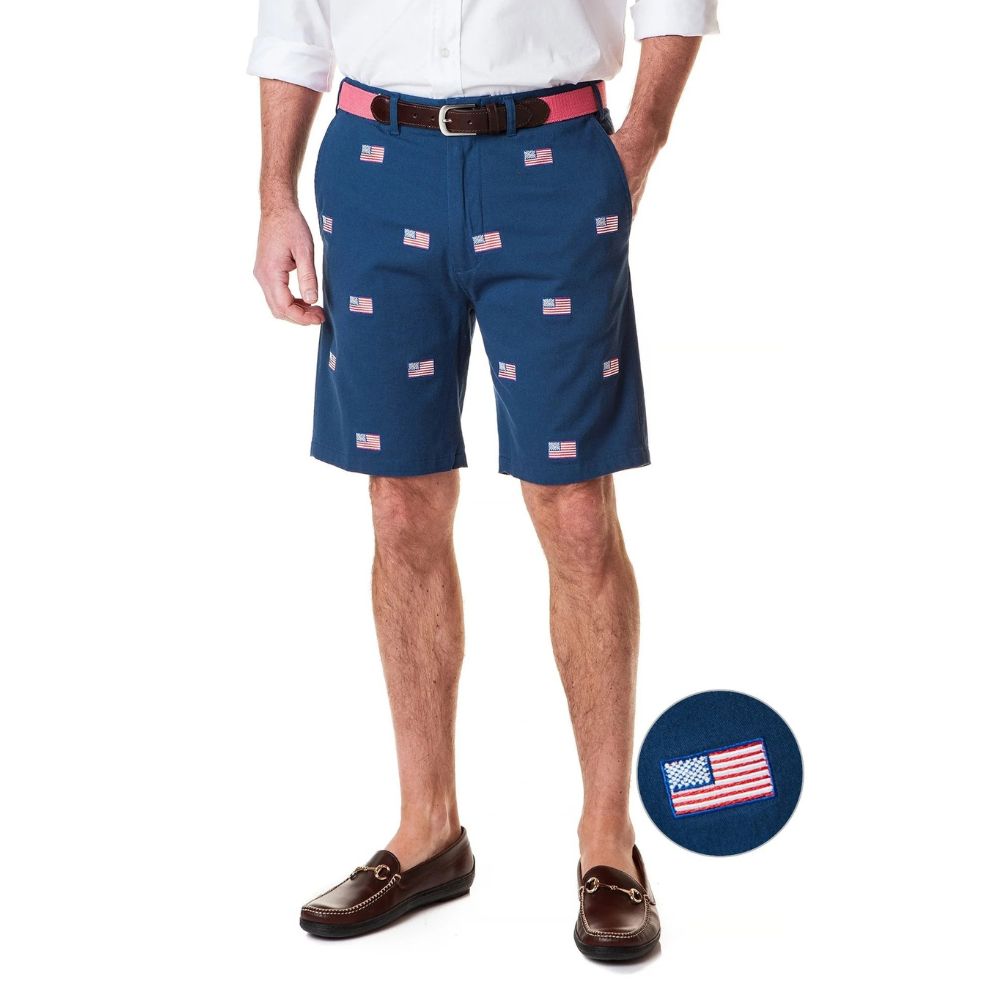 Stretch Twill Cisco Short with American Flag in Nantucket Navy by Castaway Clothing