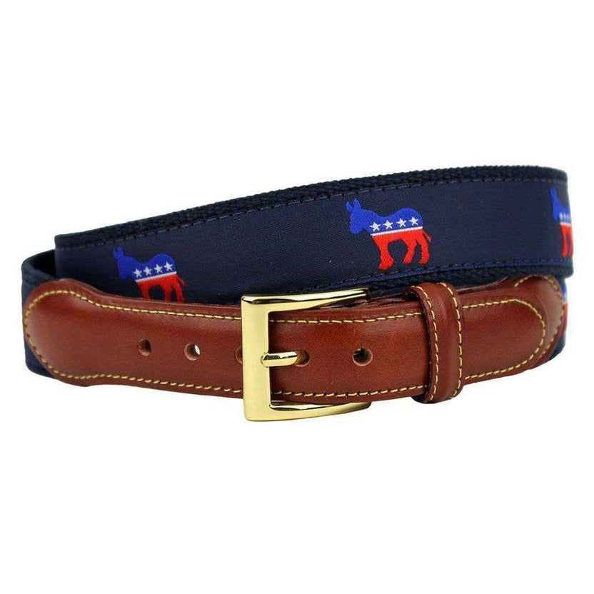 Country Club Prep Democratic Donkey Leather Tab Belt in Navy on Navy Canvas