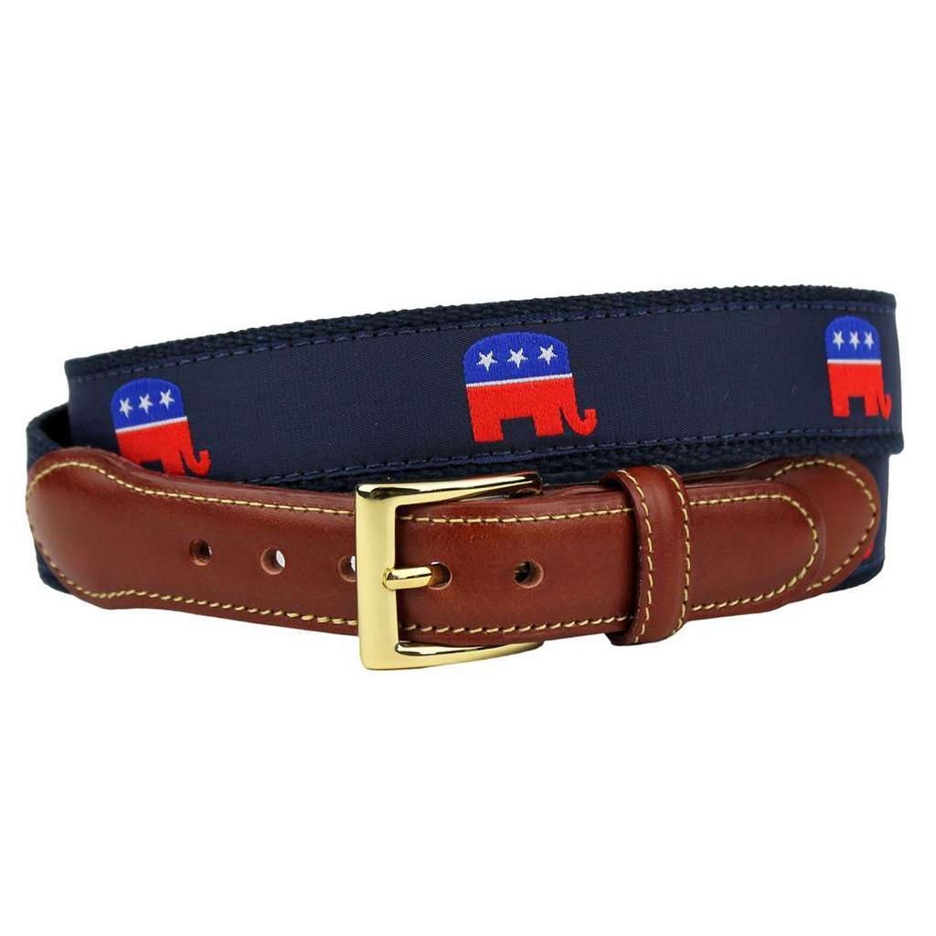 GOP Elephant Leather Tab Belt in Navy on Navy Canvas by Country Club Prep