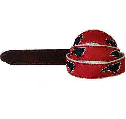 NC Raleigh Leather Tab Belt in Red Ribbon with White Canvas Backing by State Traditions