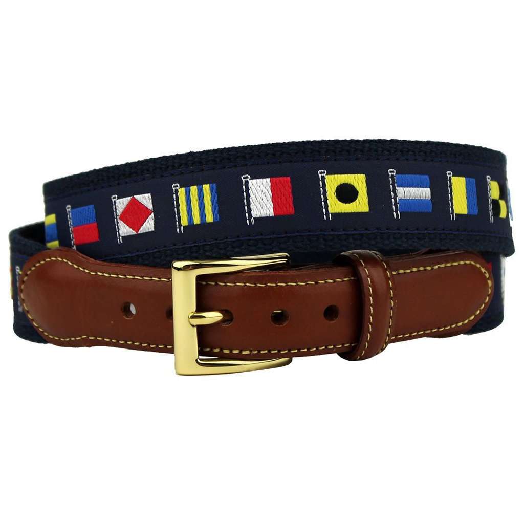 Nautical American flag boat yacht navy blue woven leather brass buckle belt  44
