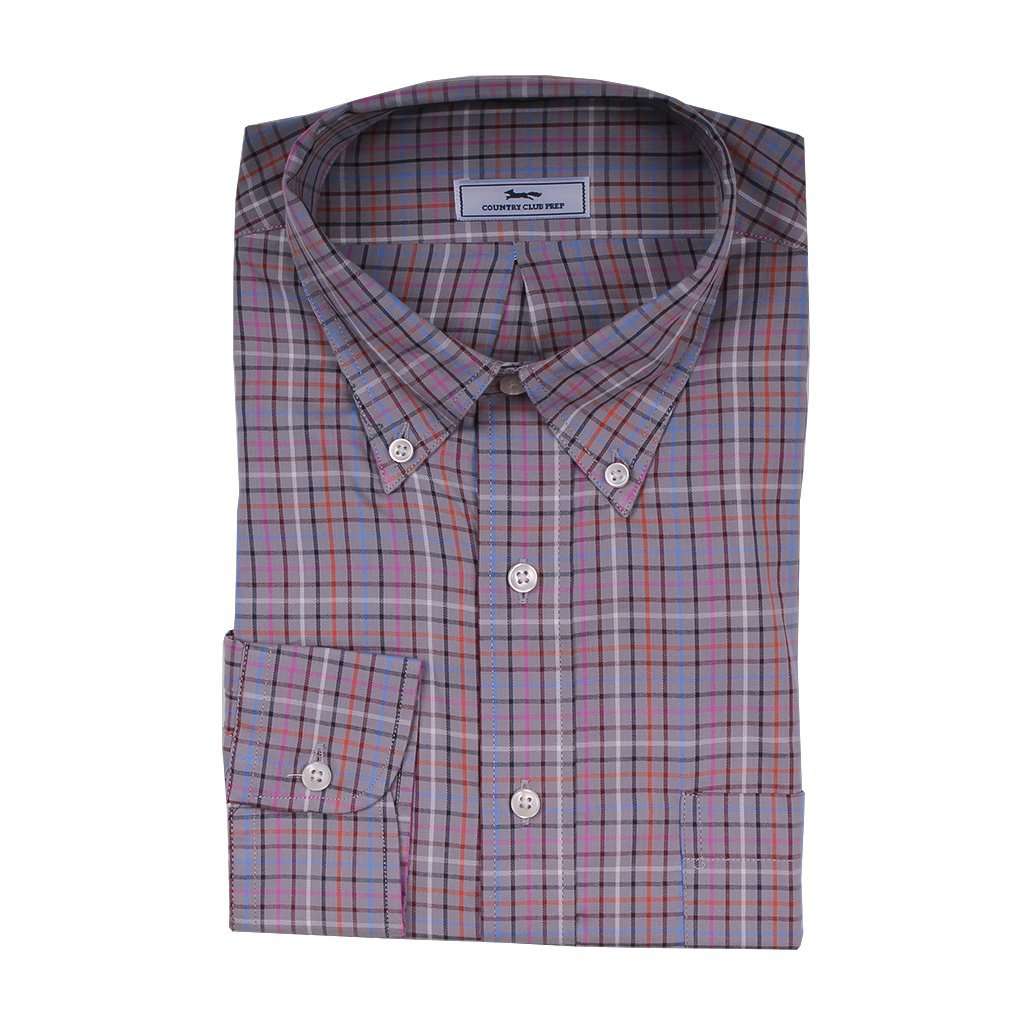 Country Club Prep Multi Check Button Down in Grey with Black and Orange