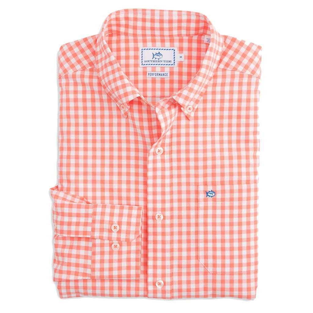 Southern Tide Nassau Gingham Intercoastal Performance Shirt in Peach Fizz