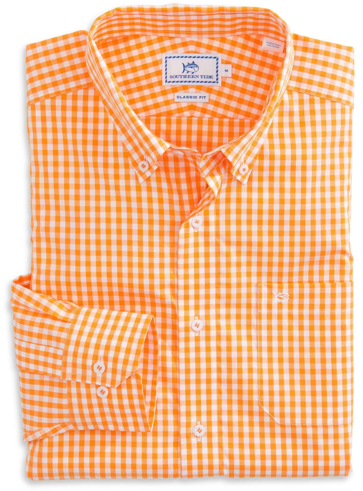 Southern Tide Team Colors Gingham Sport Shirt in Rocky Top Orange