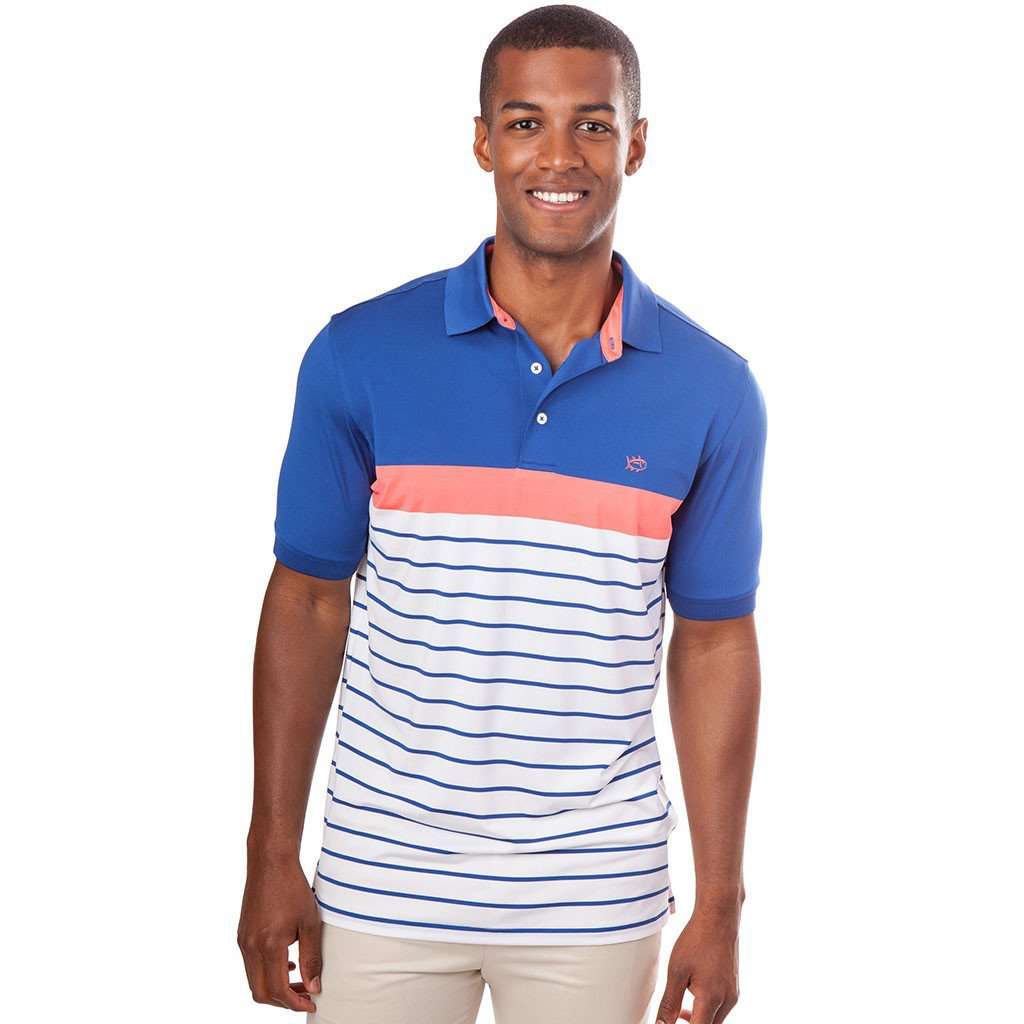 Southern Tide Ryder Stripe Performance Polo in Sunset Coral