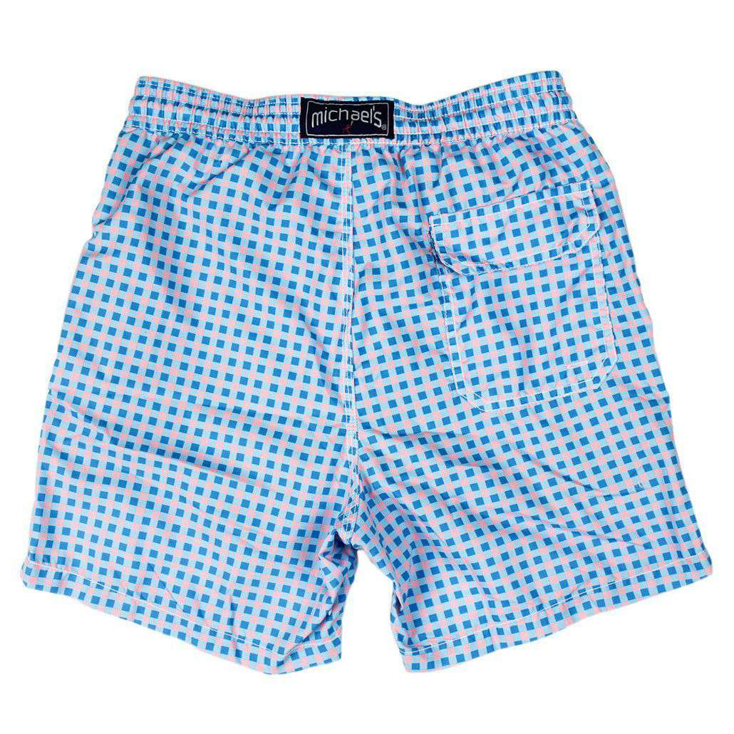 Gingham Swim Trunks in Blue and Pink by Michael's