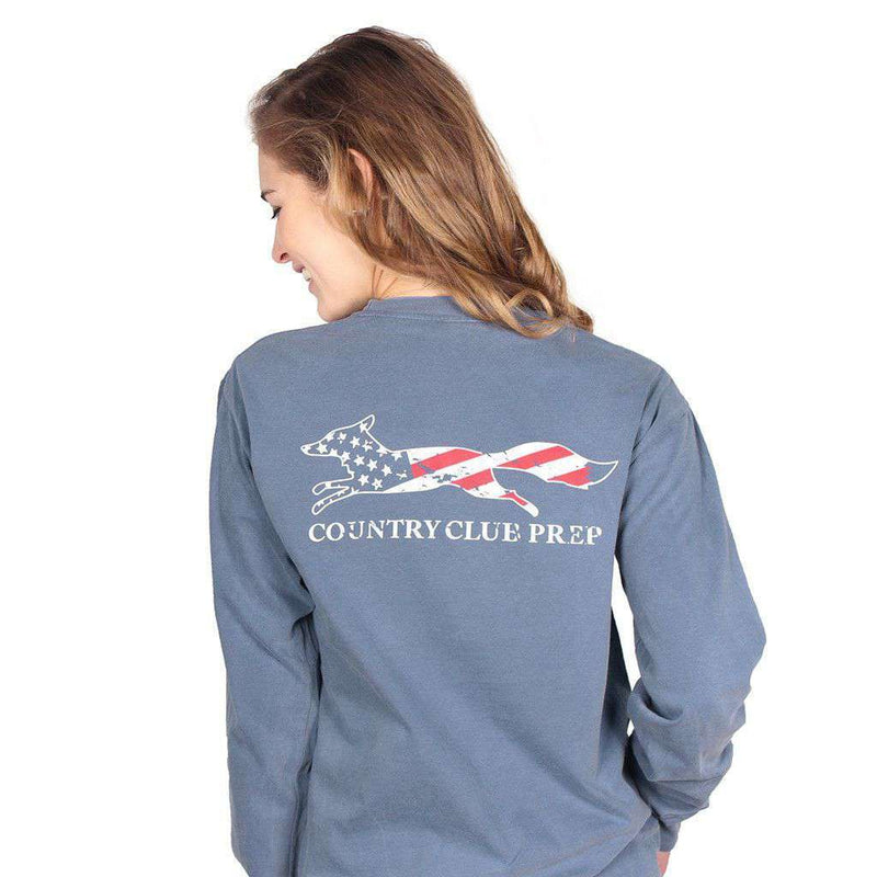 Country Club Prep Faded Flag Longshanks Long Sleeve Tee Shirt in Blue Jean