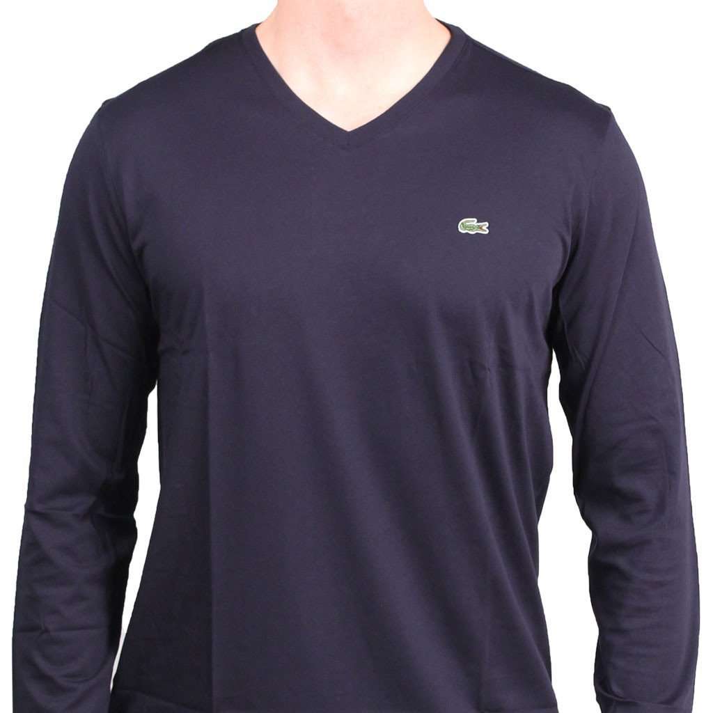 Lacoste Long Sleeve Pima Jersey V-neck T-Shirt in Navy