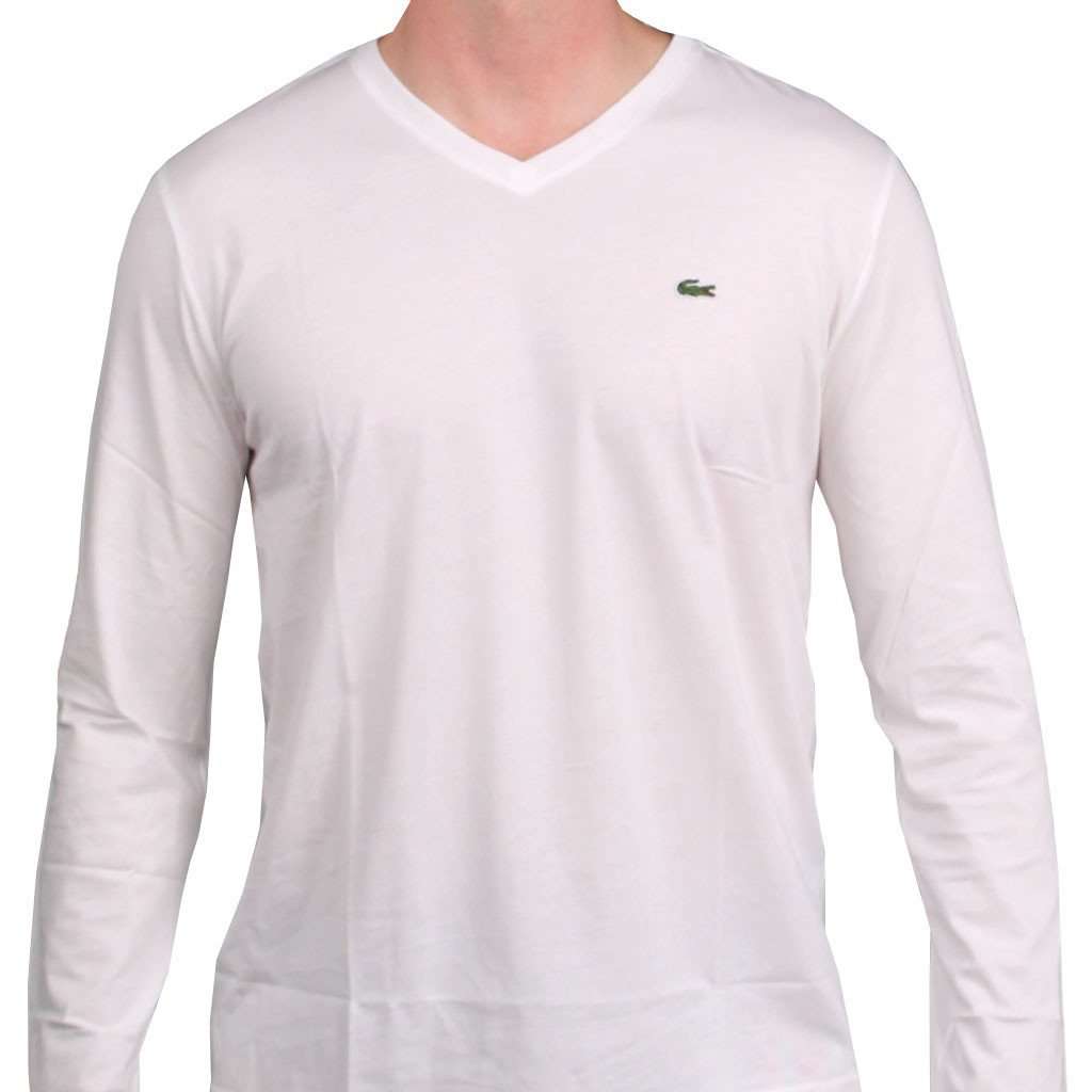 trist tapperhed Interaktion Lacoste Long Sleeve Pima Jersey V-neck T-Shirt in White – Country Club Prep