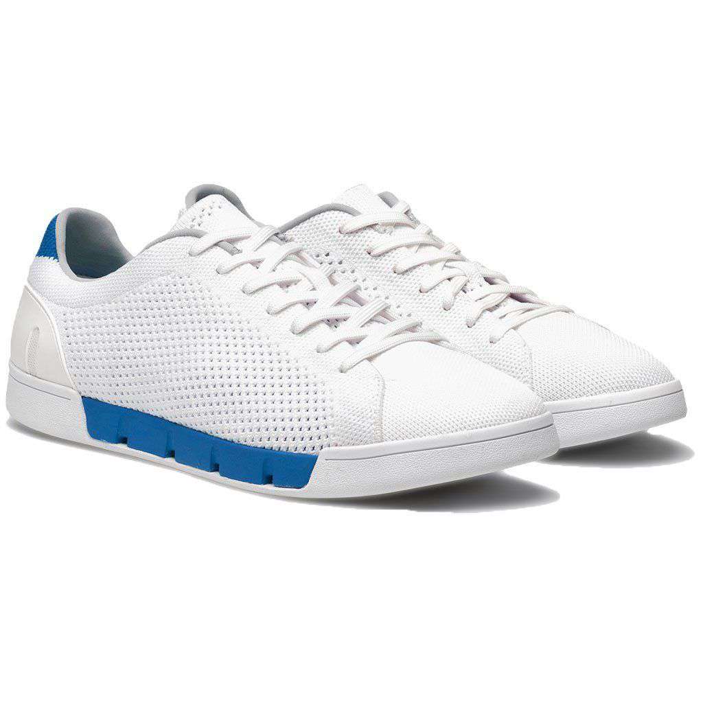 SWIMS Breeze Tennis Knit Sneaker in White & Blitz Blue
