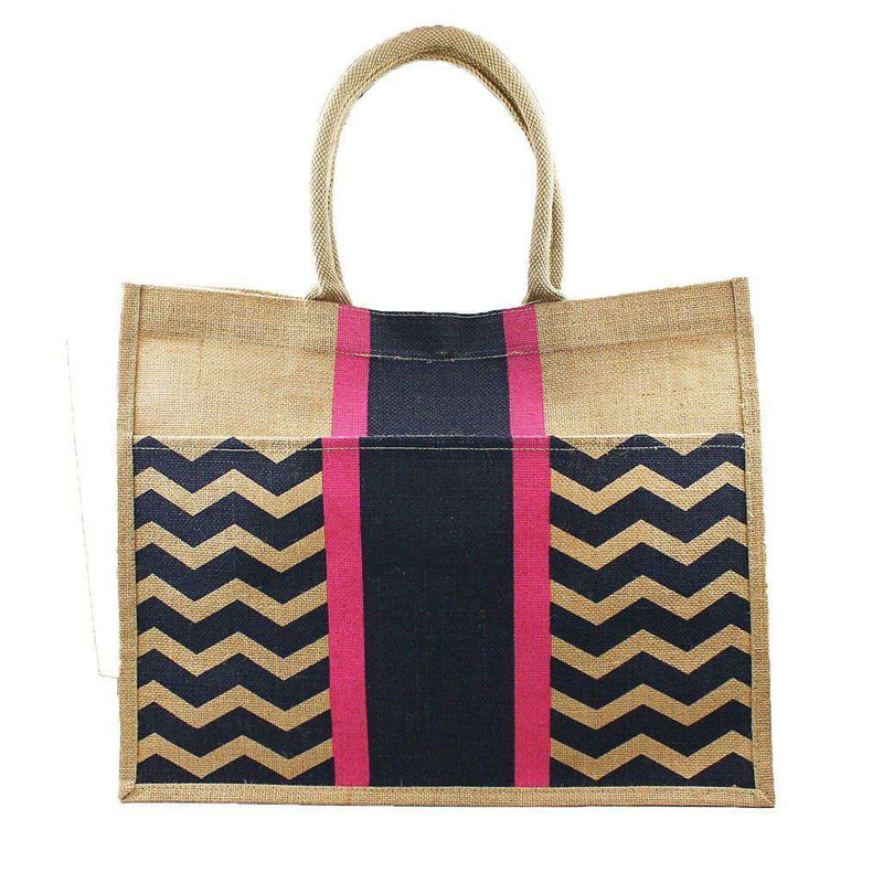 Chevron Stripe Jute Tote in Navy and Pink by The Royal Standard