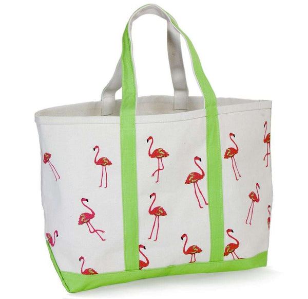 Large Tote Bag in White With Pink Flamingos by Crabberrie