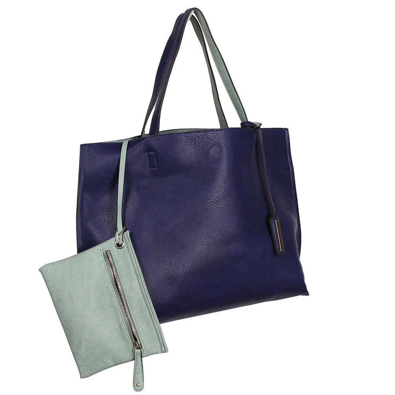 reversible faux leather tote & wristlet