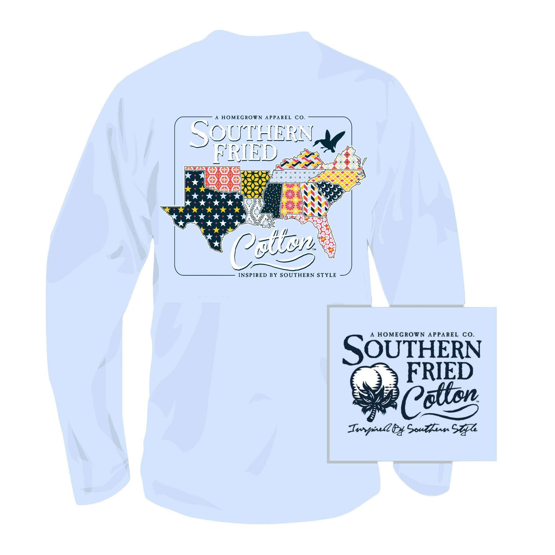 Southern Fried Cotton Quilted South Long Sleeve Tee Shirt in Chalky Blue