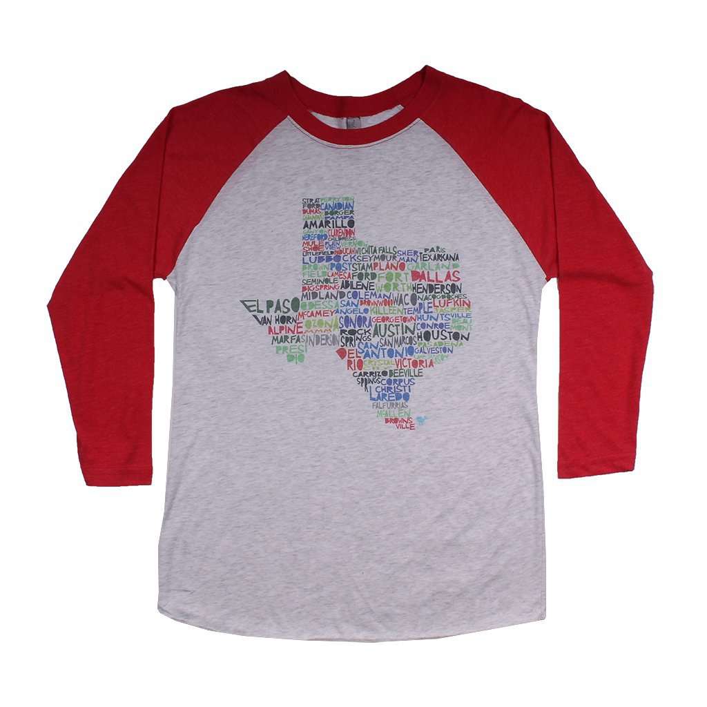 Southern Roots Texas Cities and Towns Raglan Tee Shirt in Red
