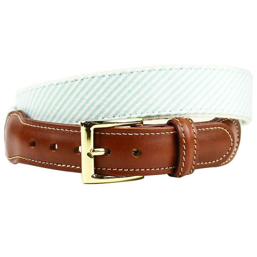 Country Club Prep Seersucker Leather Tab Belt in Palm Teal Green