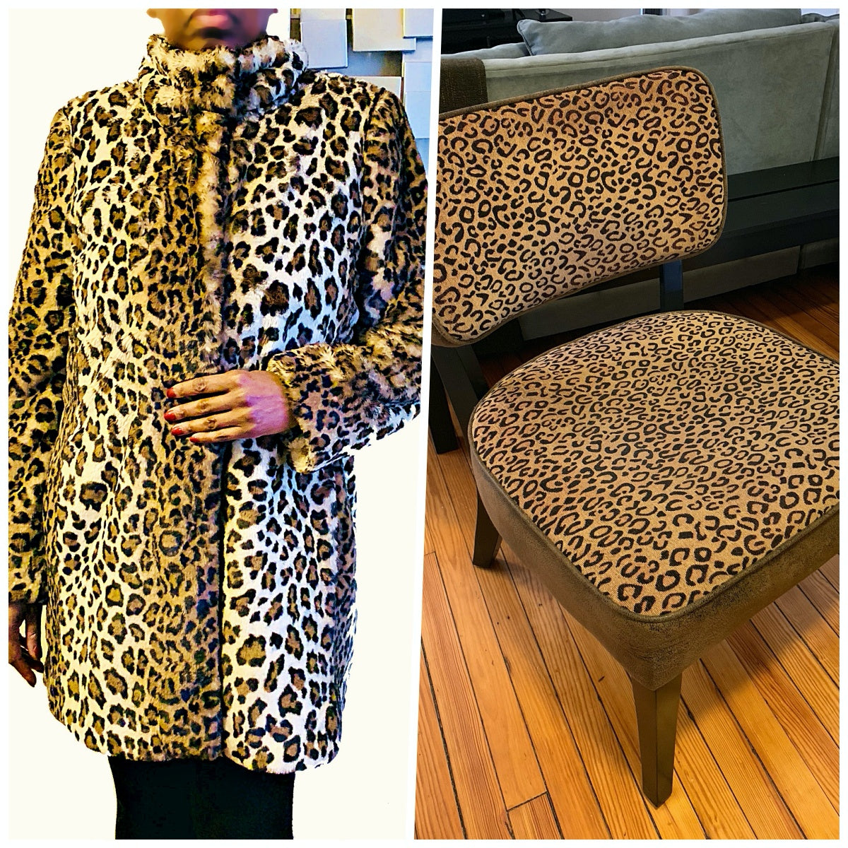 Juliet in Leopard Print Coat from Loft - World Menagerie Cheetah Print Slipper Chair from Wayfair